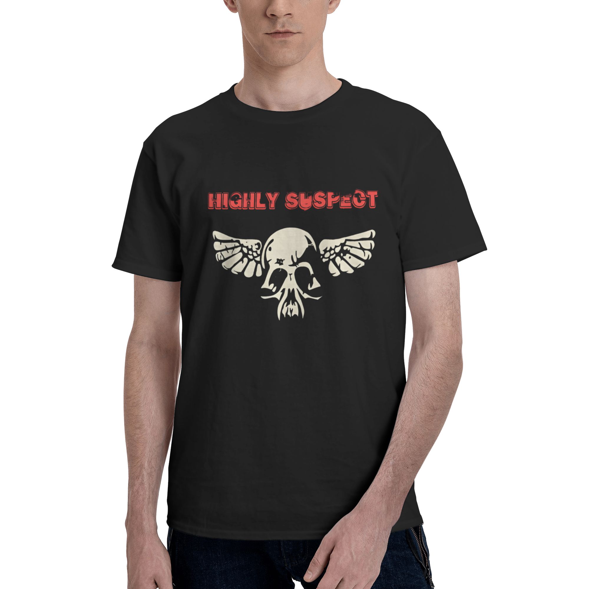 Highly Music and Suspect Spirited Men’s T-Shirt Cotton Short-Sleeve Crew Neck Shirt Black XX-Large
