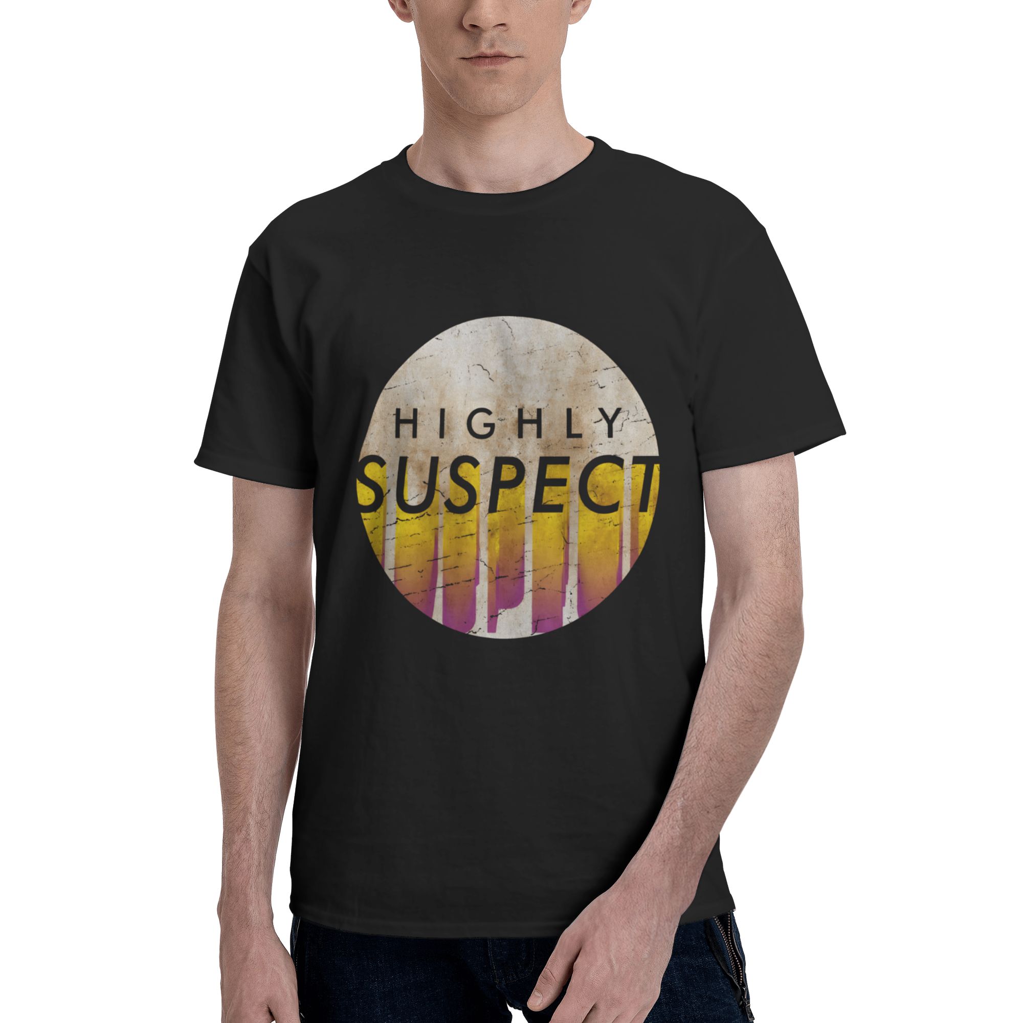 Highly Music and Suspect Sprightly Men’s T-Shirt Cotton Short-Sleeve Crew Neck Shirt Black Large