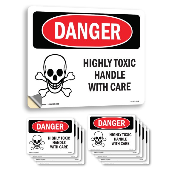 Highly Toxic Handle With Care OSHA Danger Vinyl Decal Label 5 Inch x 3.5 Inch - 10 Pack