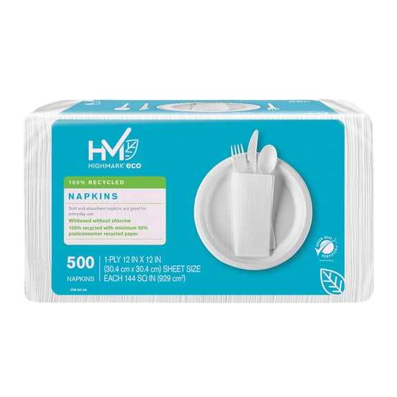 Highmark 100% Recycled Paper Napkins, Chlorine-Free, 11 1/2" x 12 1/2", White, Pack Of 400