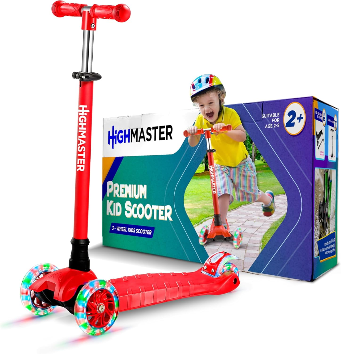 Highmaster 3-Wheel Toddler Scooter for 2 to 8 Year Old boy - 3 Wheeled Kids Scooter with Light Up Wheels, Safe and Fun Ride for Kids - Red