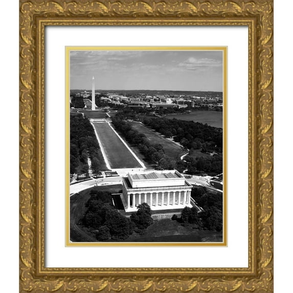 Highsmith, Carol 12x14 Gold Ornate Wood Framed with Double Matting Museum Art Print Titled - National Mall, Lincoln Memorial and Washington Monument, Washington D.C. - Black and White Variant