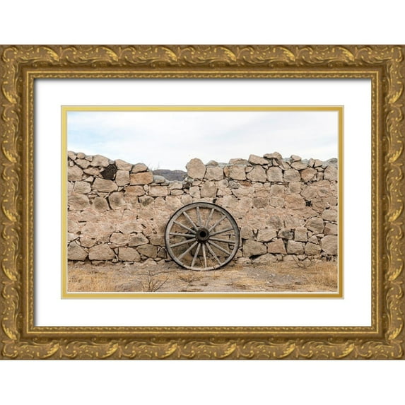 Highsmith, Carol 14x11 Gold Ornate Wood Framed with Double Matting Museum Art Print Titled - Wagon wheel against a stone fence at Hueco Tanks State Park, northwest of El Paso, TX
