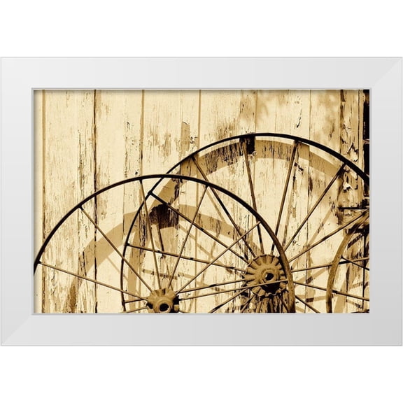 Highmith, Carol 14x11 White Modern Wood Framed Museum Art Print Titled - Old wagon wheels against a shed in Buffalo Gap Historic Village, near Abilene, TX - Sepia