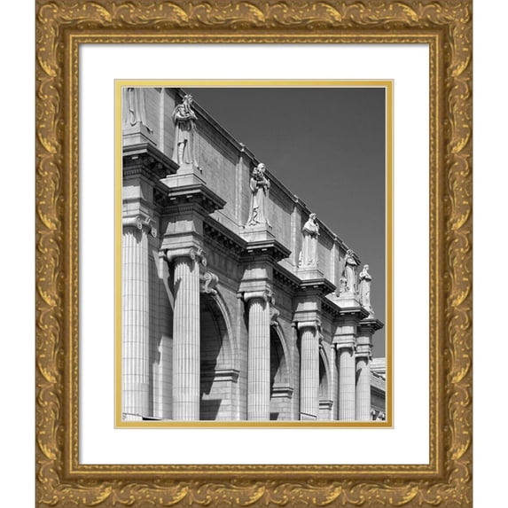 Highmith, Carol 15x18 Gold Ornate Wood Framed with Double Matting Museum Art Print Titled - Union Station facade and sentinels, Washington, D.C. - Black and White Variant