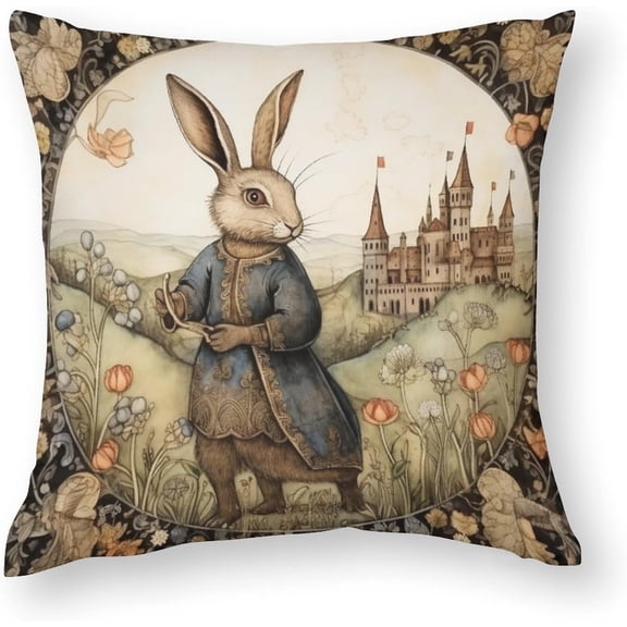 HighonHi Outside Pillows 16"x16" Medieval Rabbit French Print Satin Square Throw Pillow Covers Vintage Farmhouse Bunny Throw Pillow Covers Zippered Pillows for Couch Sofa Patio Furniture Home Decor
