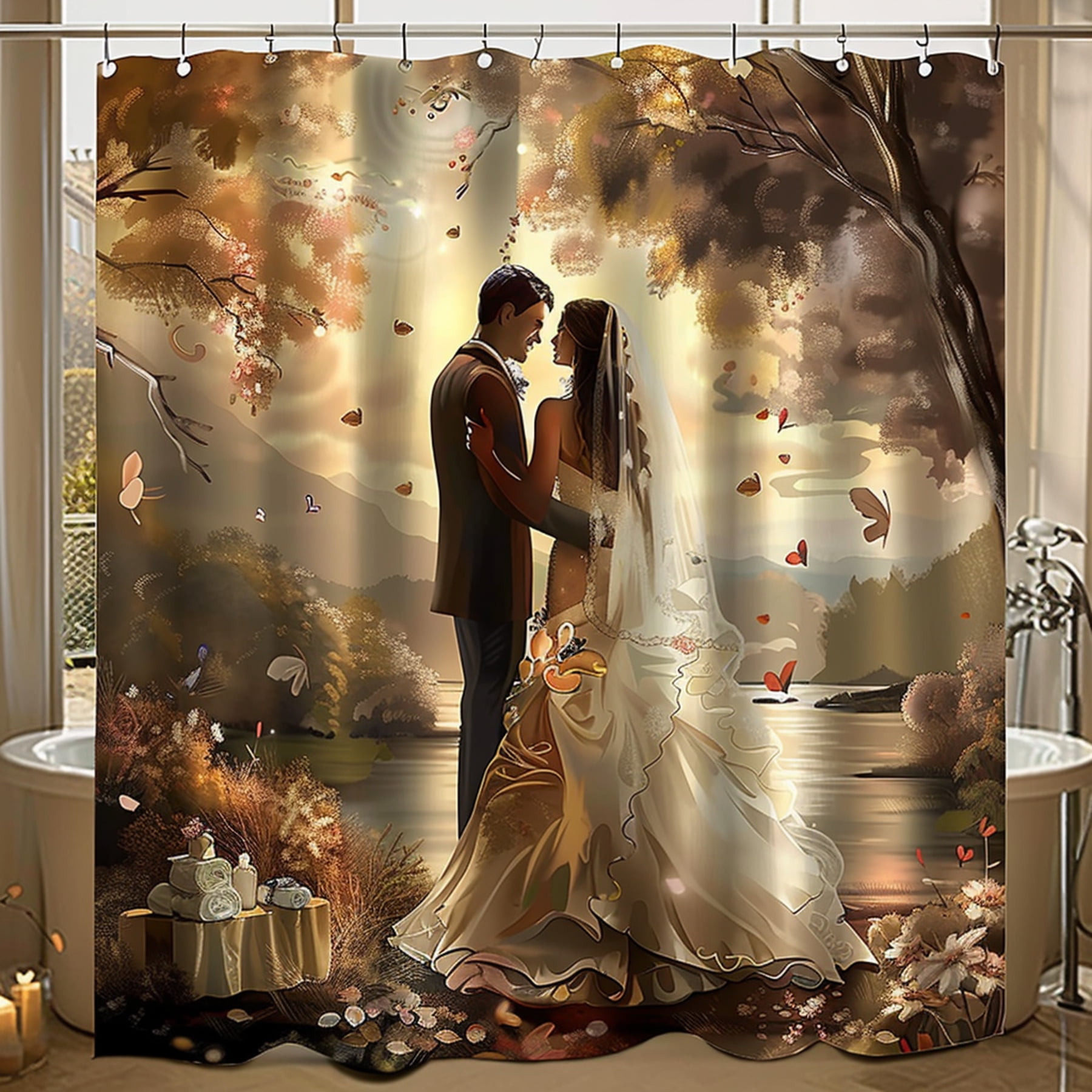 Highquality weddingthemed shower curtain featuring a soft romantic ...