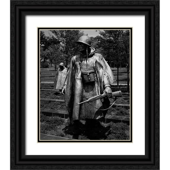 Highsmith, Carol 12x14 Black Ornate Wood Framed with Double Matting Museum Art Print Titled - Stainless-steel trooper on patrol at the Korean War Veterans Memorial, Washington, D.C. - Black an