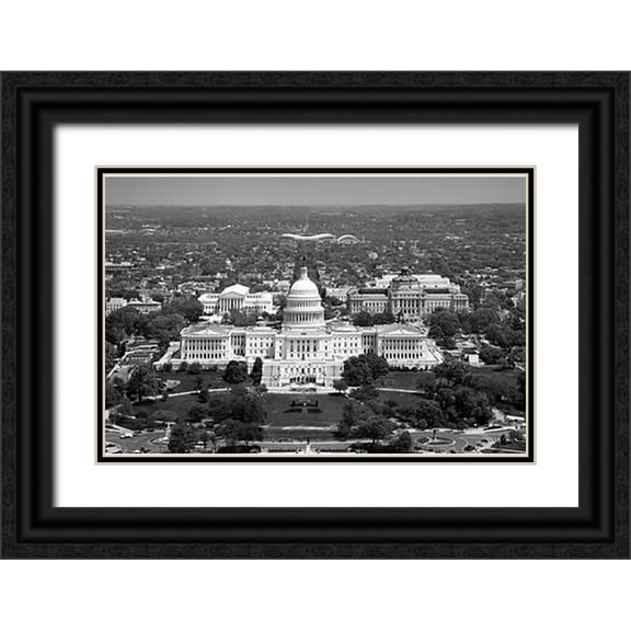 Highsmith, Carol 14x11 Black Ornate Wood Framed with Double Matting Museum Art Print Titled - Aerial view, United States Capitol building, Washington, D.C. - Black and White Variant