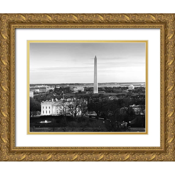 Highsmith, Carol 18x15 Gold Ornate Wood Framed with Double Matting Museum Art Print Titled - Dawn over the White House, Washington Monument, and Jefferson Memorial, Washington, D.C. - Black and