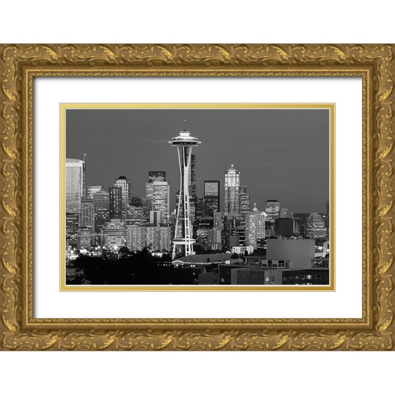 Highsmith, Carol 24x17 Gold Ornate Wood Framed with Double Matting Museum Art Print Titled - A Dusk View of the Seattle Skyline
