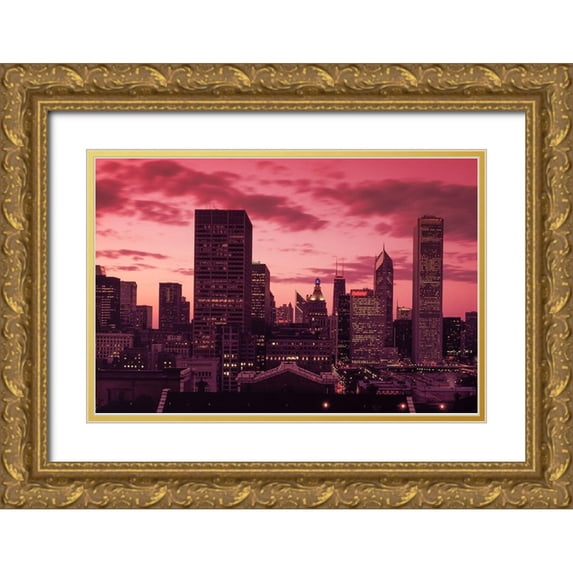 Highsmith, Carol 24x17 Gold Ornate Wood Framed with Double Matting Museum Art Print Titled - Skyline at dusk Chicago Illinois