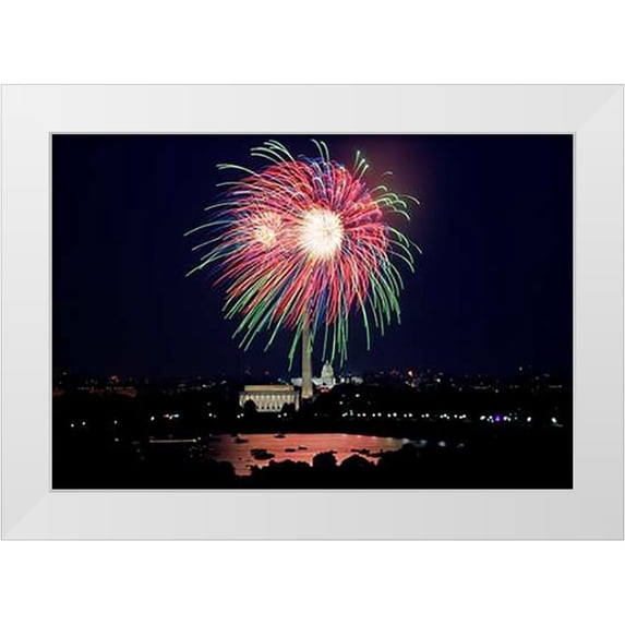Highsmith, Carol 24x18 White Modern Wood Framed Museum Art Print Titled - July 4th fireworks, Washington, D.C.