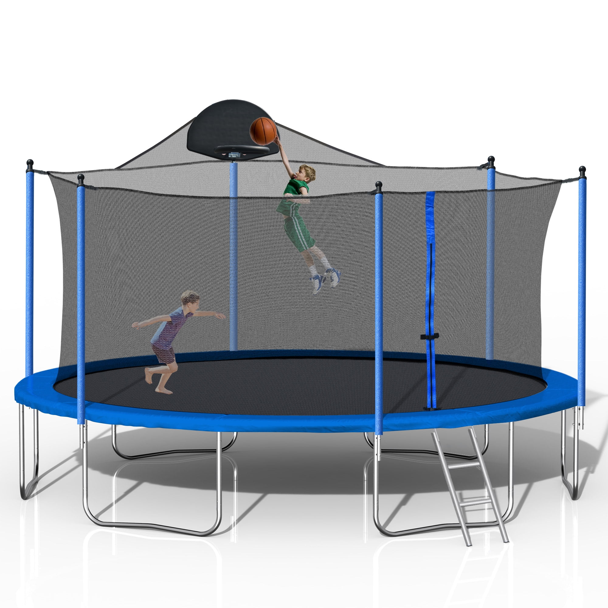 14FT Blue Trampoline with Enclosure and Basketball Hoop