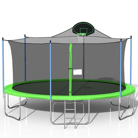Highsound 16 FT Trampoline for Kids and Adults, Family Jumping Outdoor Workout, Recreational Trampoline with Enclosure Net and Ladder, Green