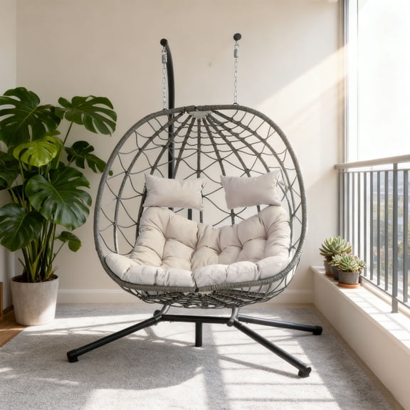 Highsound 2 Person Swing Egg Chair with Sturdy Stand & Fluffy Cushion, Double Hand-Woven Wicker Rattan Hanging Egg Chairs, Porch Swing Loveseat for Indoor Outdoor, Beige