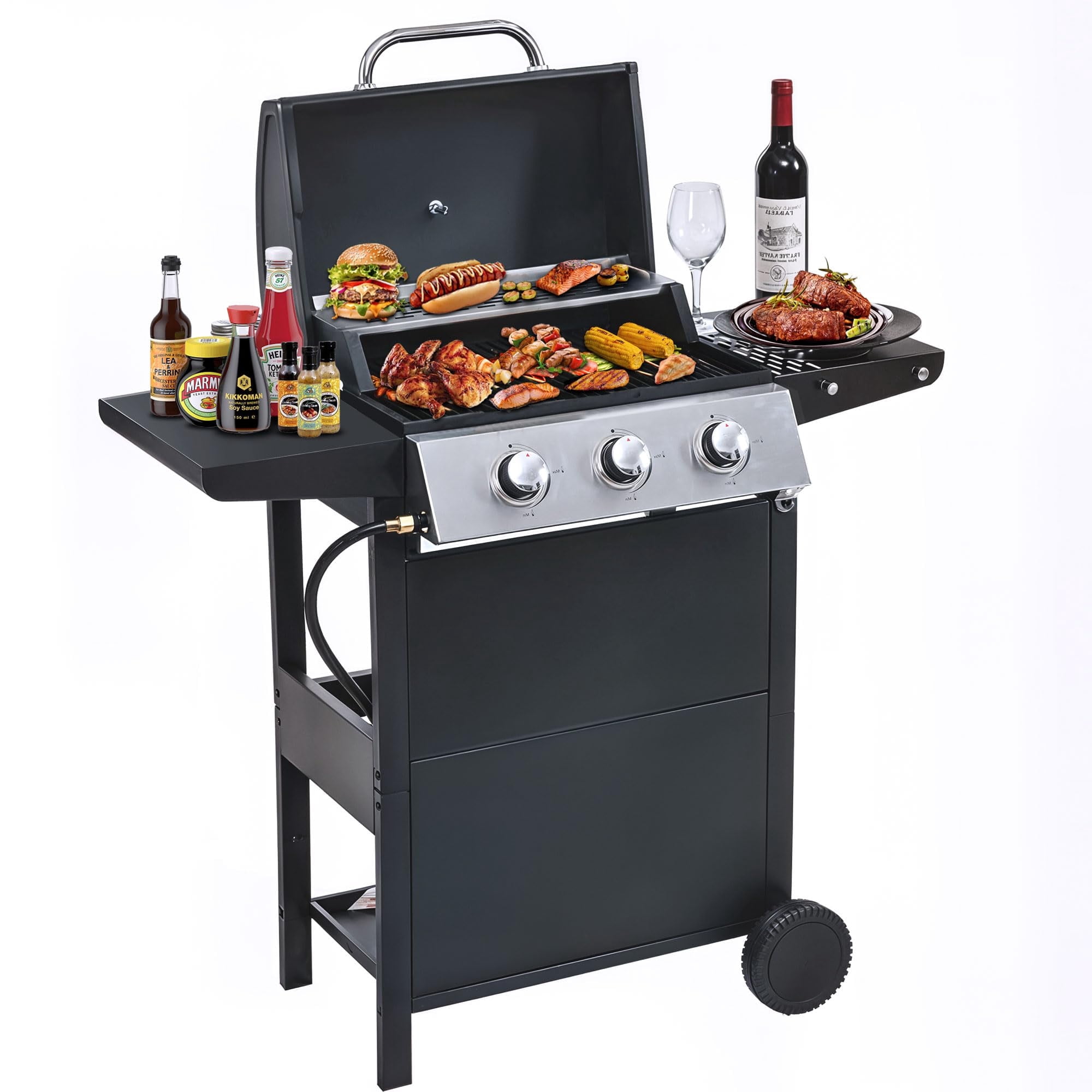 Highsound 3-Burner Propane Gas Grill, 25,650 BTU Stainless Steel BBQ Grill with Side Tables, Outdoor Portable Grill for Backyard & Camping, Black