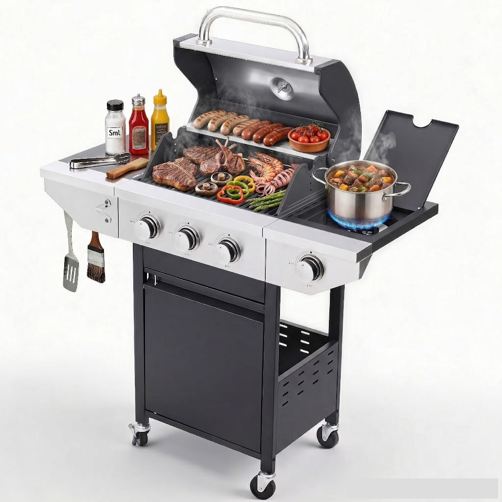 Highsound 3-Burner Propane Gas Grill with Side Burner, 37,000 BTU Outdoor BBQ Grill, Portable Stainless Steel Grill on Wheels for Patio, Garden, Black