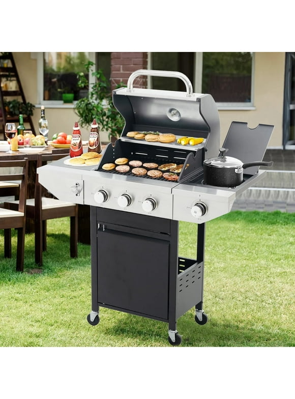Highsound 3-Burner Propane Gas Grill, Porcelain-Enameled Cast Iron Grates 25650 BTU Outdoor Cooking Stainless Steel Portable BBQ Grills Cabinet