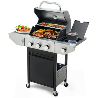 Highsound 3-Burner Propane Gas Grill, 37,000 BTU Outdoor BBQ with Side Burner & Thermometer, Portable Stainless Steel Grill on Wheels for Patio & Garden