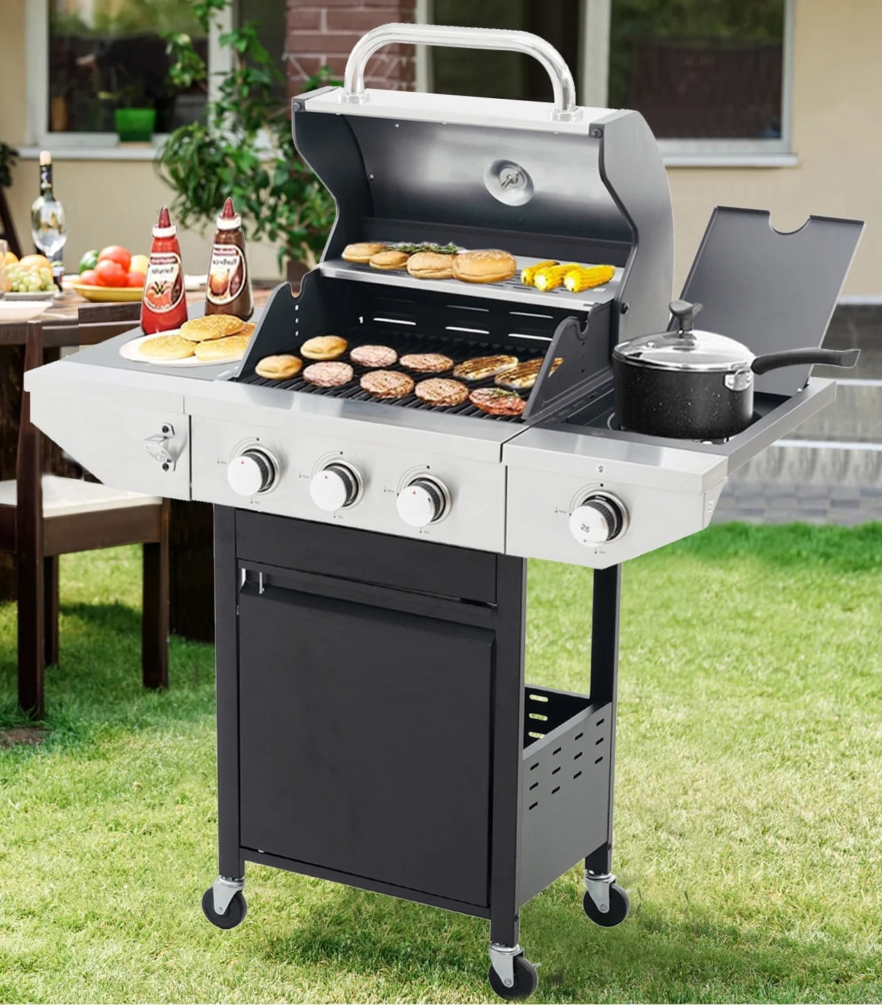 Highsound 3Burner Propane Gas Grill with Side Burner, PorcelainEnameled Cast Iron Grates 37150