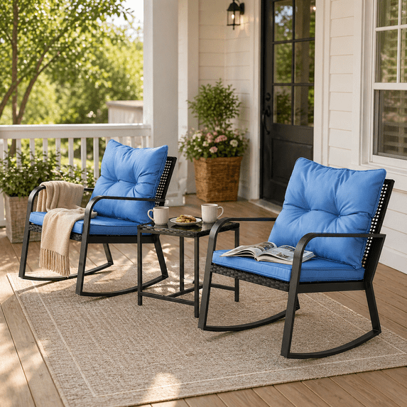 YIORTWO 3-Piece Patio Rocking Bistro Set, Outdoor PE Wicker Conversation Set with Blue Cushions and Coffee Table, All-Weather Rattan Rocker Set for Garden and Porch