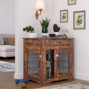 Highsound 30" Dog Crate Furniture, Wooden Dog Cage End Table with 2 Doors and Drawer for Dog House Indoor Use, Rustic brown