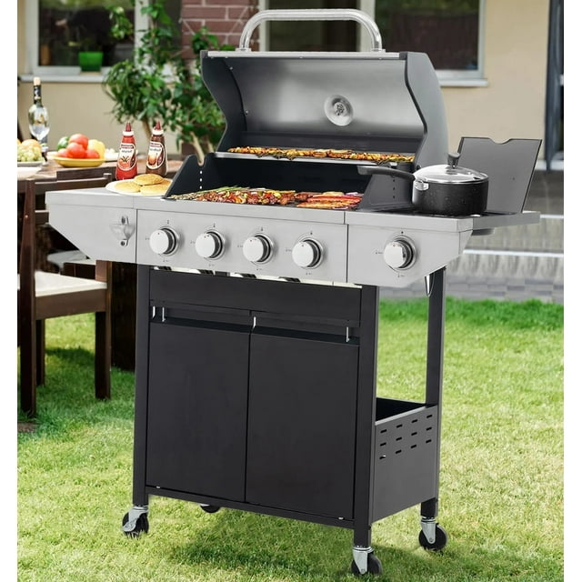 Highsound 4-Burner Propane Gas Grill, Porcelain-Enameled Cast Iron Grates 34,200 BTU Outdoor Cooking Stainless Steel BBQ Grills Cabinet