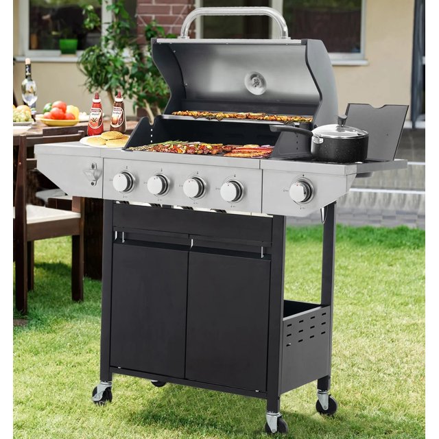 Highsound 4Burner Propane Gas Grill with Side Burner, Porcelain