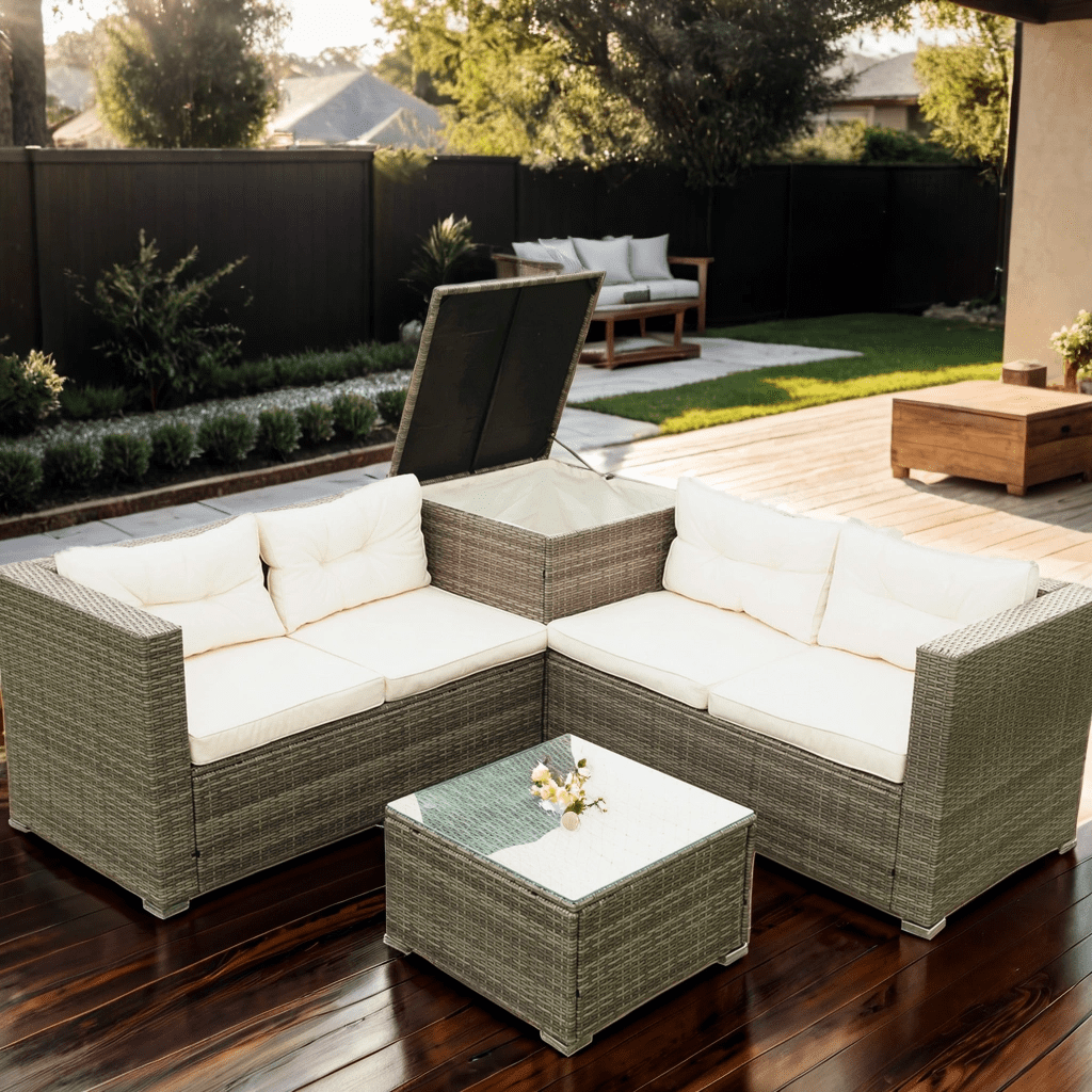 Highsound 4 Pcs Patio Rattan Wicker Furniture set, All-Weather Outdoor Sectional Sofa Set with Large Glass Coffee Table