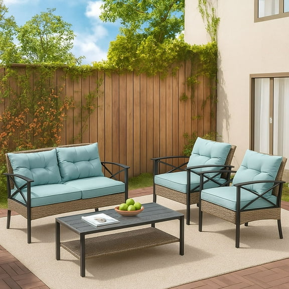 Highsound 4 Pcs Patio Rattan Wicker Furniture set, Outdoor Sectional Sofa Set with Large Coffee Table, Blue