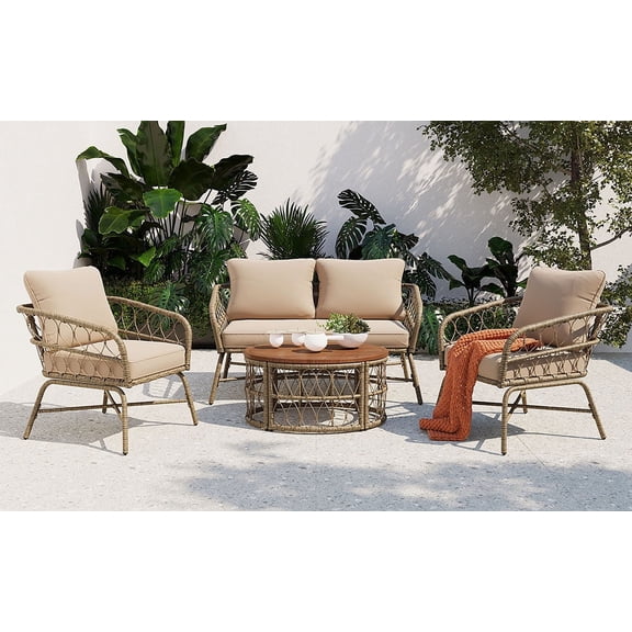 Highsound 4 Piece Patio Furniture Set, All Weather Outdoor Sectional Sofa Manual, Metal & Wicker Frame Patio Conversation Set with Coffee Table & Beige Cushions