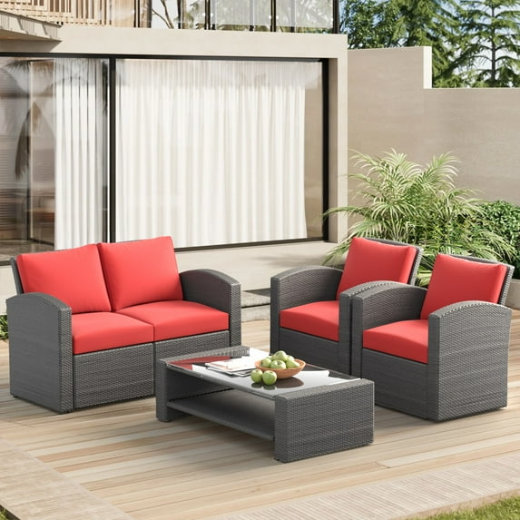 Highsound 4 Piece Outdoor Patio Furniture Sets, Wicker Conversation Set for Porch Deck, Gray Rattan Sofa Chair with Cushion, Red
