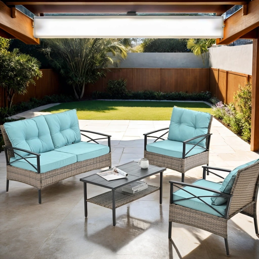 Highsound 4 Piece Patio Furniture Sets All Weather Patio Conversation Set Sectional Wicker Rattan Outdoor Furniture Set with Coffee Table Blue