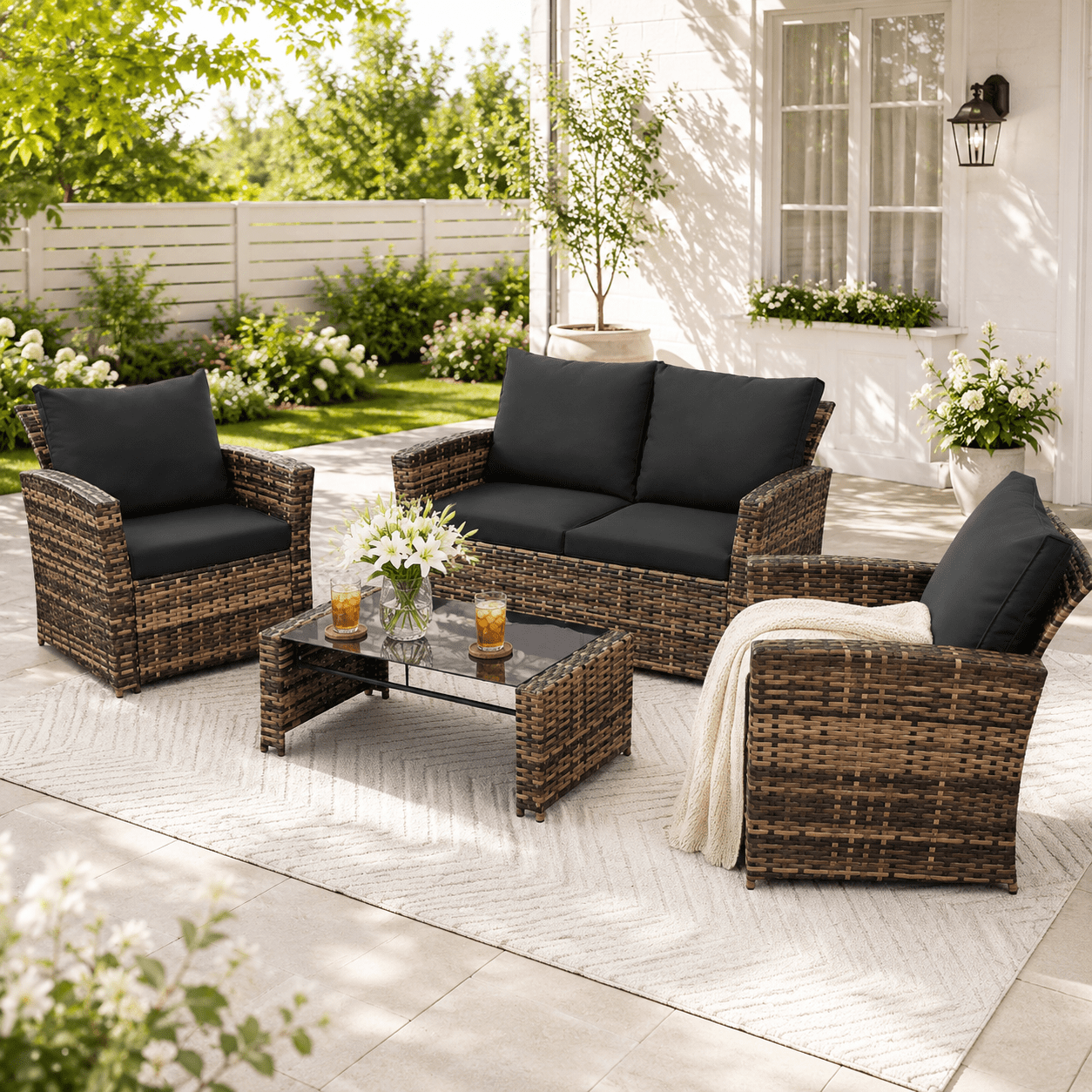 YIORTWO 4-Piece Outdoor Patio Furniture Set, Wicker Sofa Set with Thick Sandwich Cushions, All-Weather Rattan Deep Seating Set with Tempered Glass Table, Black