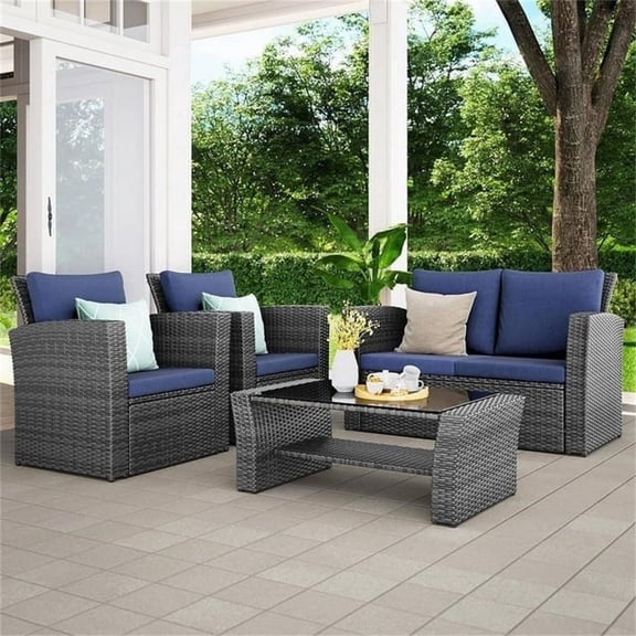 Highsound 4 Piece Patio Furniture Sets, Wicker Outdoor Conversation Set with 2 Ottomans & Coffee Table, Beige