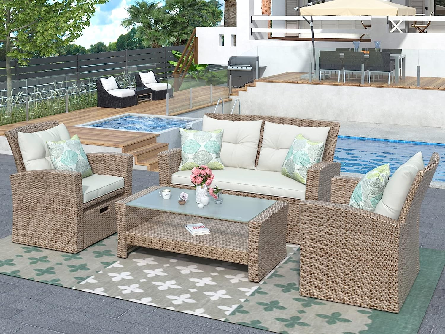 Highsound 4 Piece Patio Furniture Sets, Wicker Outdoor Conversation Set