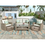 Highsound 4 Piece Patio Furniture Sets, Wicker Outdoor Conversation Set with 2 Ottomans & Coffee Table, Rattan Sofa Chair Set, Beige