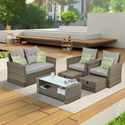 Highsound 4 Piece Patio Furniture Sets, Wicker Outdoor Conversation Set with 2 Ottomans & Coffee Table, Rattan Sofa Chair Set, Gray