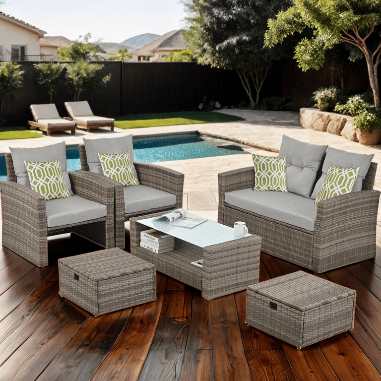 Highsound 4 Piece Patio Furniture Sets Wicker Outdoor Conversation Set with 2 Ottomans Coffee Table Rattan Sofa Chair Set Gray