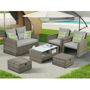Highsound 4 Piece Patio Furniture Sets, Wicker Outdoor Conversation Set with 2 Ottomans & Coffee Table, Rattan Sofa Chair Set, Gray
