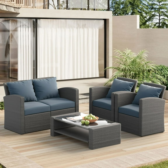 Highsound 4 Piece Patio Furniture Sets, Wicker Outdoor Conversation Set with Cushions & Coffee Table, Rattan Sofa Chair Set, Gray