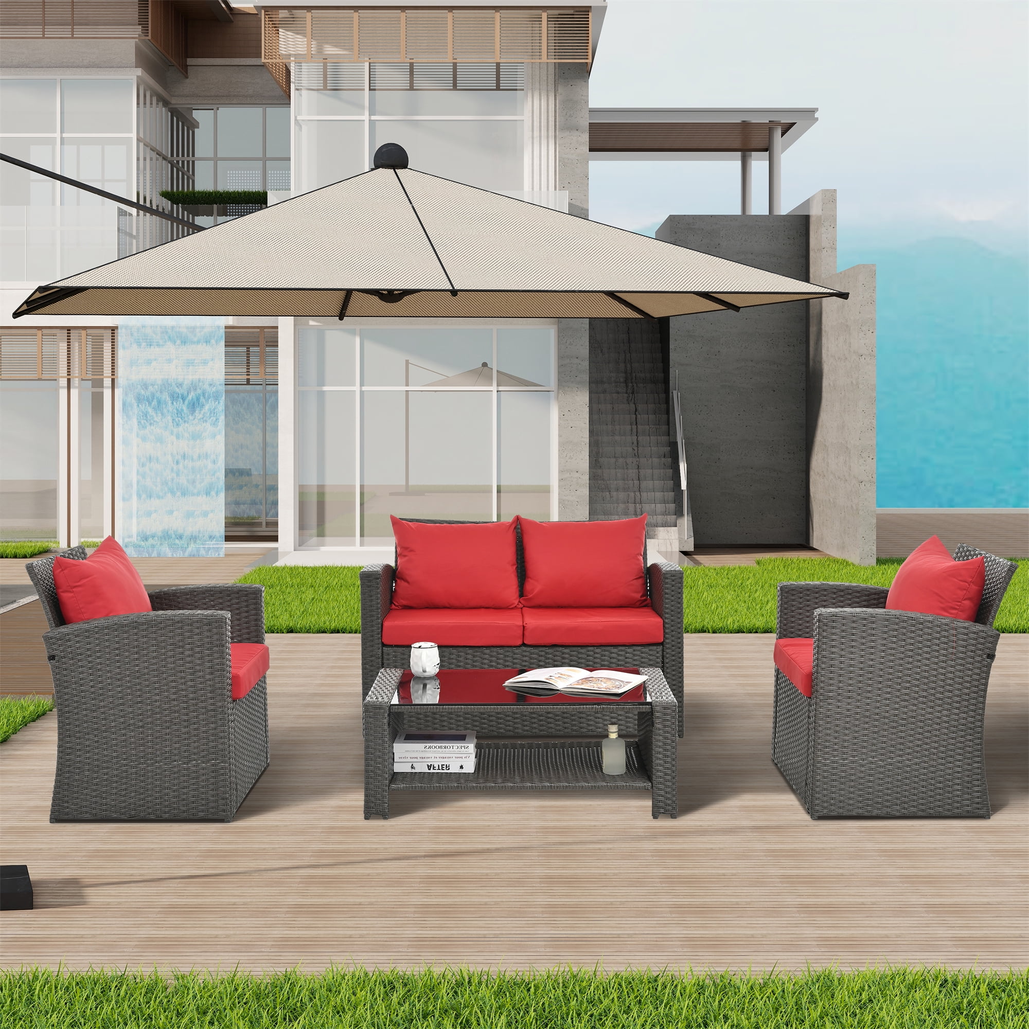 Highsound 4 Pieces Outdoor Patio Sofa Set, UVResistant PE Wicker