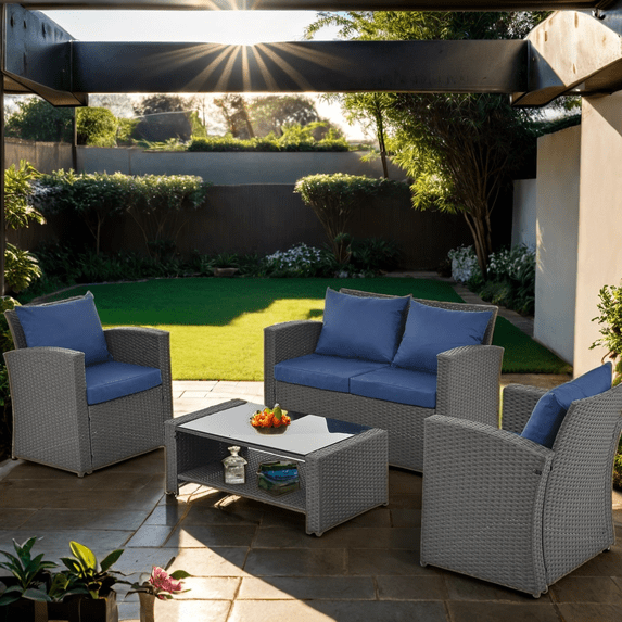 Highsound 4 Pieces Outdoor Sectional Sofa, Patio Furniture Sets Manual Weaving Wicker Rattan Patio Conversation Sets with Coffee Table, Blue Cushions