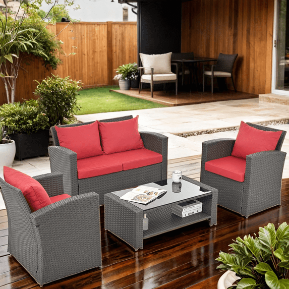 Highsound 4 Pieces Outdoor Sectional Sofa, Patio Furniture Sets Manual Weaving Wicker Rattan Patio Conversation Sets with Coffee Table, Red Cushions