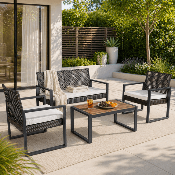 YIORTWO 4-Piece Patio Furniture Set, Outdoor Wicker Conversation Set with Acacia Wood Coffee Table and Beige Cushions, Brown