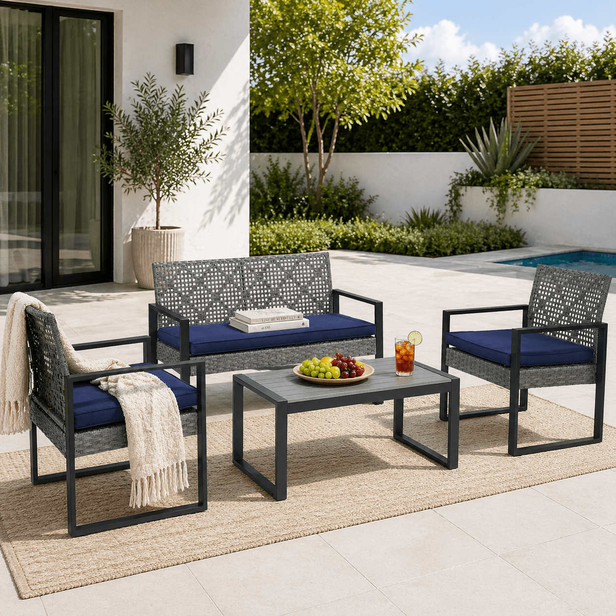YIORTWO 4-Piece Patio Furniture Set, Outdoor Wicker Conversation Set with Acacia Wood Coffee Table and Beige Cushions, Light Gray