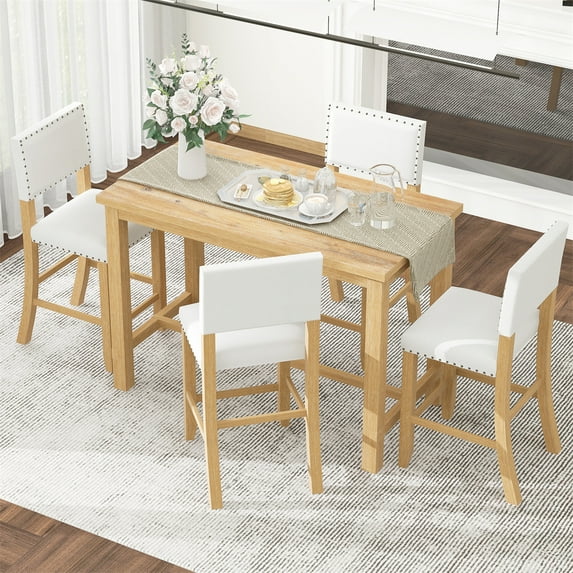 Highsound 5-Piece Kitchen Dining Table Set, Wooden Rectangular Dining Table and 4 Upholstered Chairs for Kitchen and Dining Room-Nature Wood