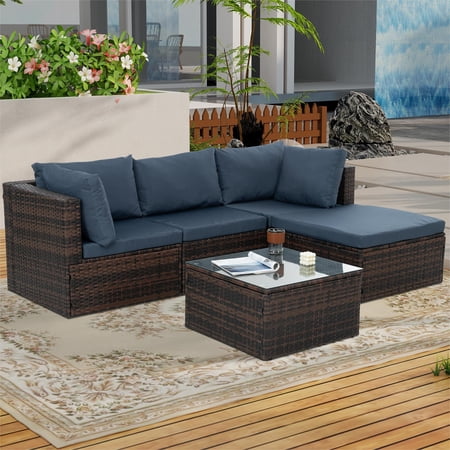 Highsound 5 Piece Outdoor Patio Furniture Sets, All Weather Outdoor Sofa PE Garden Furniture Wicker Rattan Patio Conversation Set with Coffee Table, Blue