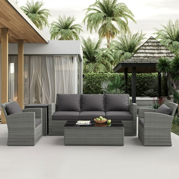 Highsound 5 Piece Patio Furniture Sectional Sets, Outdoor All-Weather PE Rattan Wicker Conversation Sets, Garden Sofa Set with 2 Coffee Tables & Gray Cushions